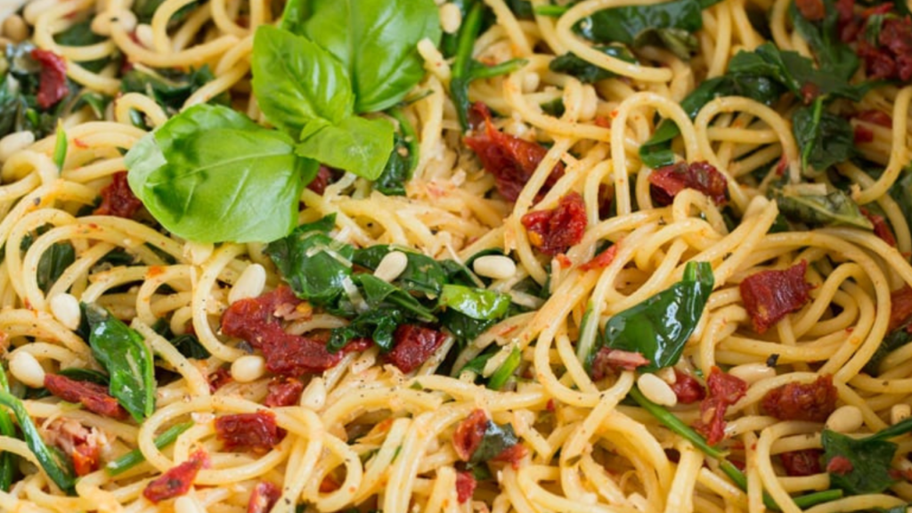 Vegan Pesto Pasta with Sun-Dried Tomatoes and Spinach for Two