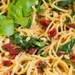 Vegan Pesto Pasta with Sun-Dried Tomatoes and Spinach for Two