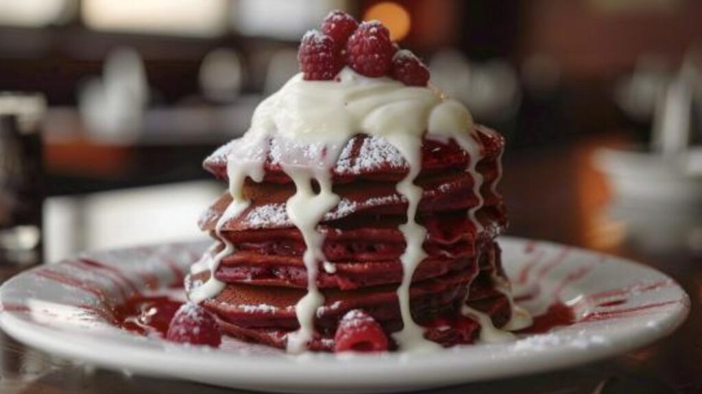 A Morning Serenade for Two Red Velvet Pancakes with Cream Cheese Glaze