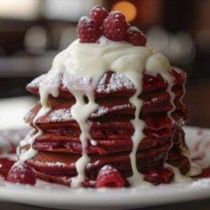 A Morning Serenade for Two Red Velvet Pancakes with Cream Cheese Glaze